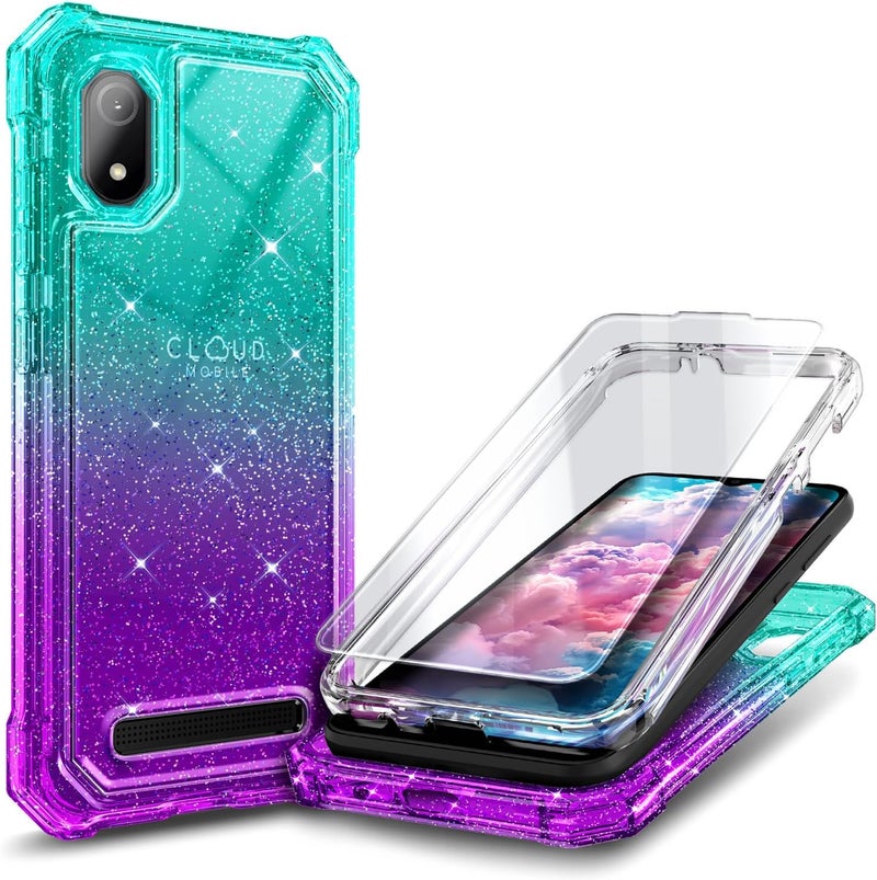 WDHD Designed for Cloud Mobile Stratus C8 Phone Case with Tempered Glass Screen Protector, Full-Body Protective Shockproof Rugged Bumper Cover for Women Girl Kids (Glitter Aqua/Purple) - Image 1